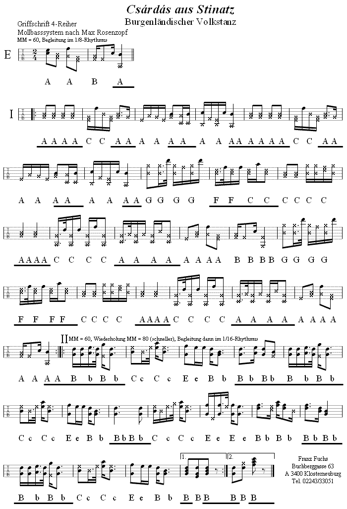 Csárdás aus Stinatz in Griffschrift für Steirische Harmonika. 
Bitte klicken, um die Melodie zu hören.
