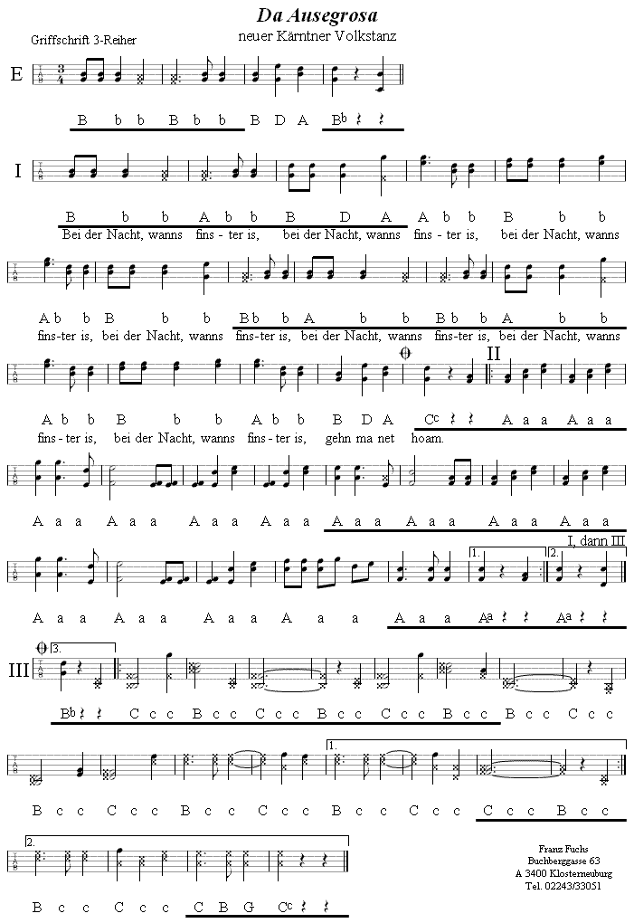 Da Ausegrosa in Griffschrift für Steirische Harmonika. 
Bitte klicken, um die Melodie zu hören.