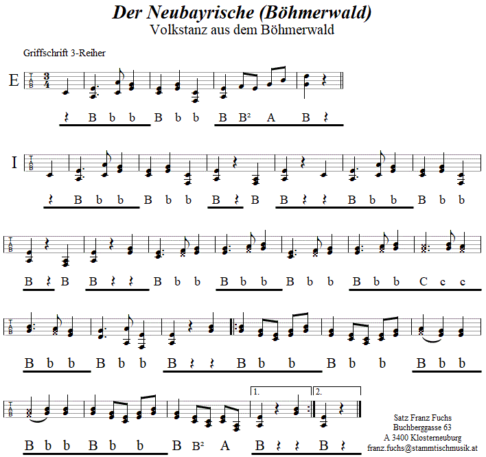 DerNeubayrische (Böhmerwald) in Griffschrift für Steirische Harmonika. 
Bitte klicken, um die Melodie zu hören.