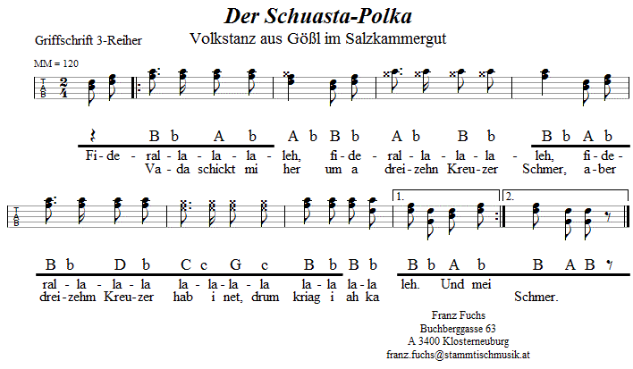 Der Schuastapolka in Griffschrift für Steirische Harmonika. 
Bitte klicken, um die Melodie zu hören.