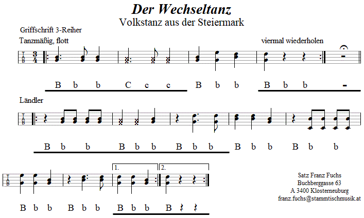 Der Wechseltanz in Griffschrift für Steirische Harmonika. 
Bitte klicken, um die Melodie zu hören.