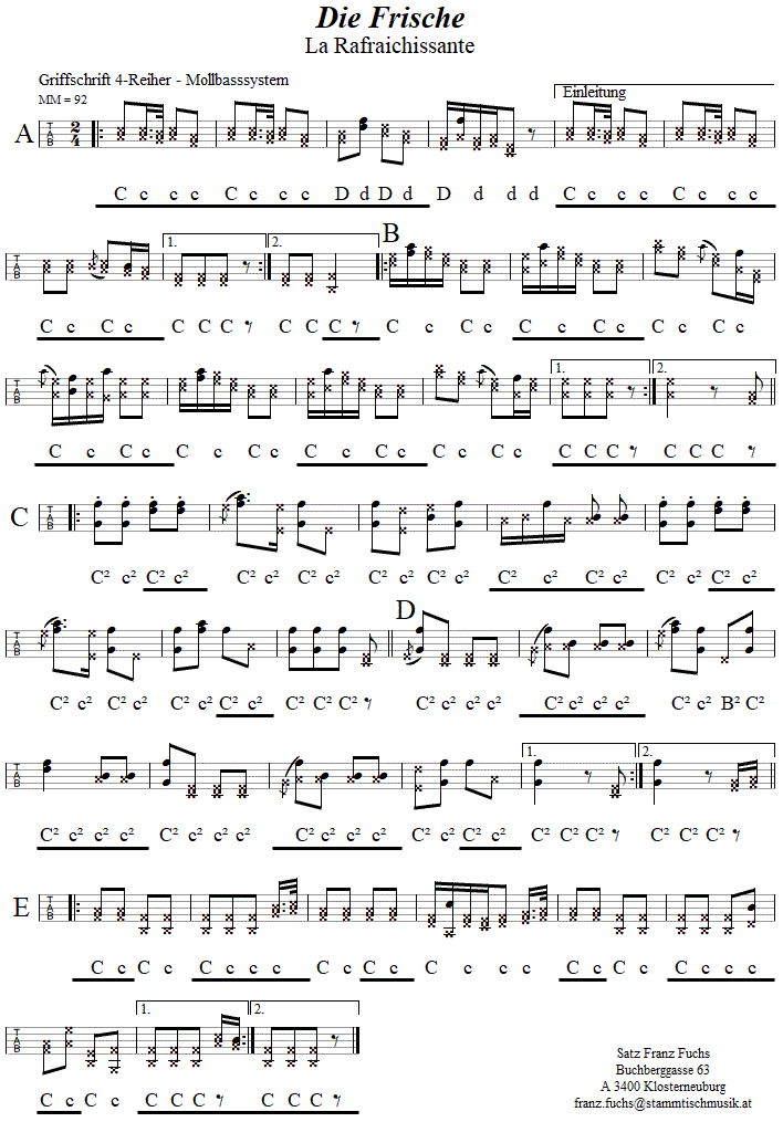 Die Frische (La Rafraichissante) in Griffschrift fr Steirische Harmonika. 
Bitte klicken, um die Melodie zu hren.