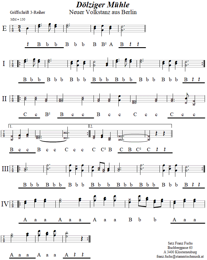 Dlziger Mhle in Griffschrift fr Steirische Harmonika. 
Bitte klicken, um die Melodie zu hren.