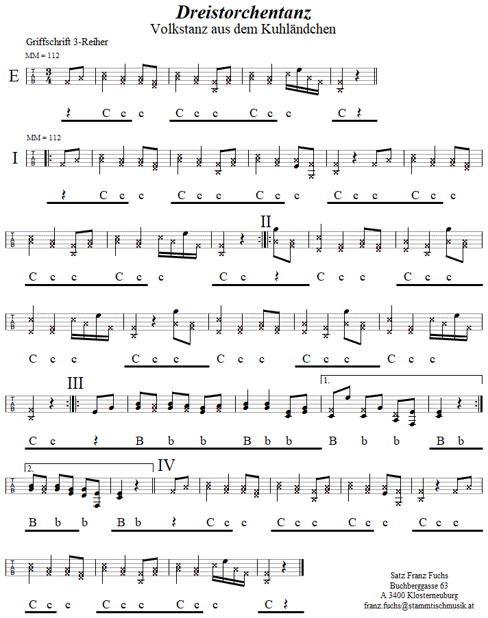 Dreistorchentanz in Griffschrift fr Steirische Harmonika. 
Bitte klicken, um die Melodie zu hren.