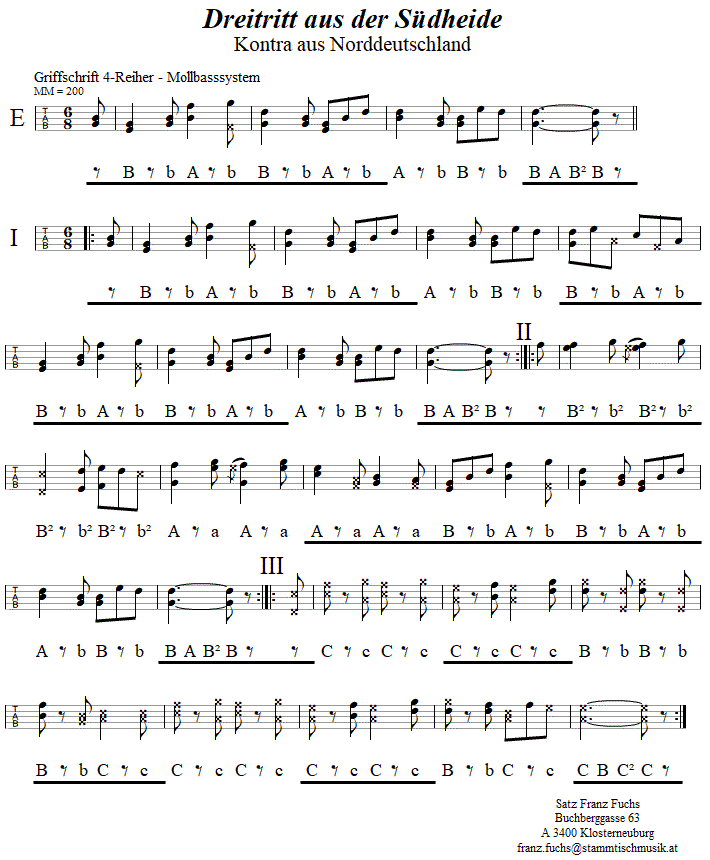 Dreitritt aus der Sdheide, in Griffschrift fr Steirische Harmonika. 
Bitte klicken, um die Melodie zu hren.