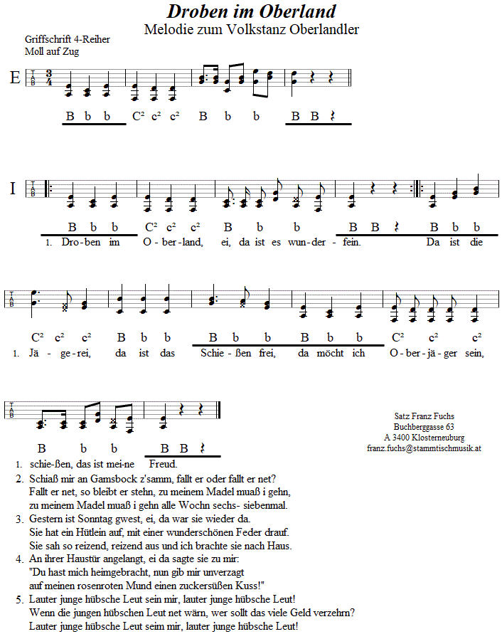 Oberlandler (Droben im Oberland), Volkstanznoten in Griffschrift fr Steirische Harmonika. 
Bitte klicken, um die Melodie zu hren.