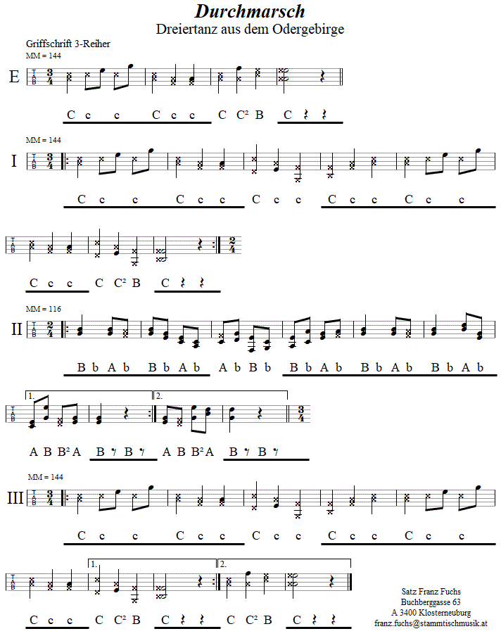 Durchmarsch in Griffschrift fr Steirische Harmonika. 
Bitte klicken, um die Melodie zu hren.