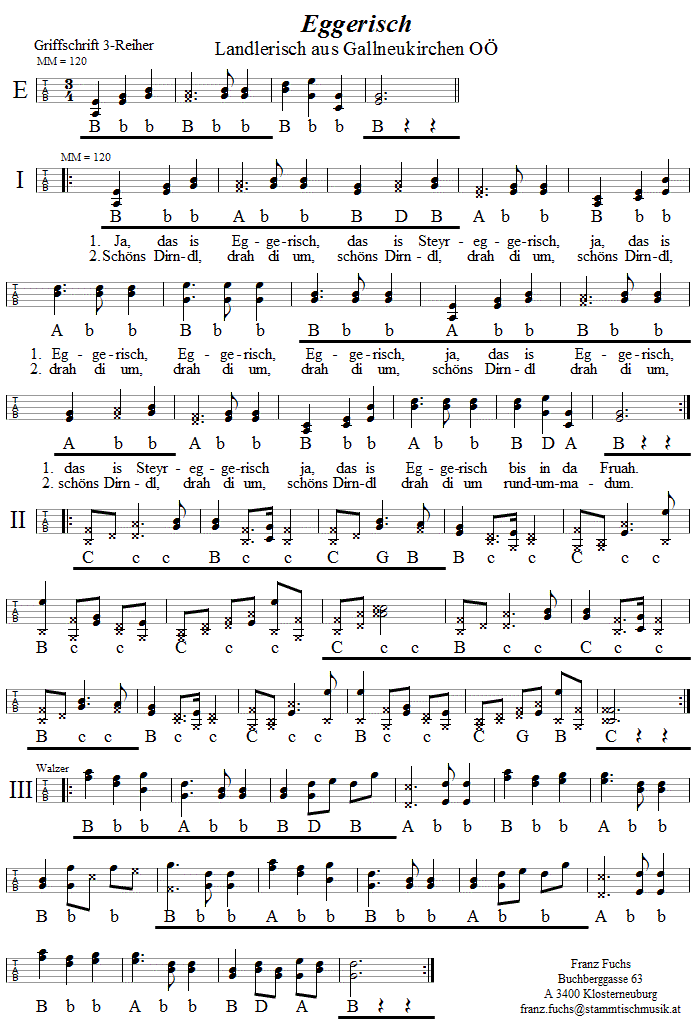 Eggerisch (Landlerisch aus Gallneukirchen) in Griffschrift für Steirische Harmonika. 
Bitte klicken, um die Melodie zu hören.