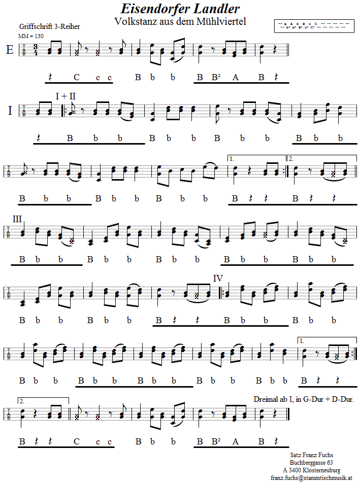 Eisendorfer Landler in Griffschrift für Steirische Harmonika. 
Bitte klicken, um die Melodie zu hören.