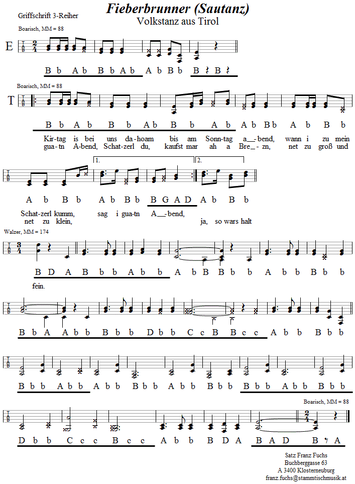 Fieberbrunner (Sautanz) in Griffschrift für steirische Harmonika. 
Bitte klicken, um die Melodie zu hören.