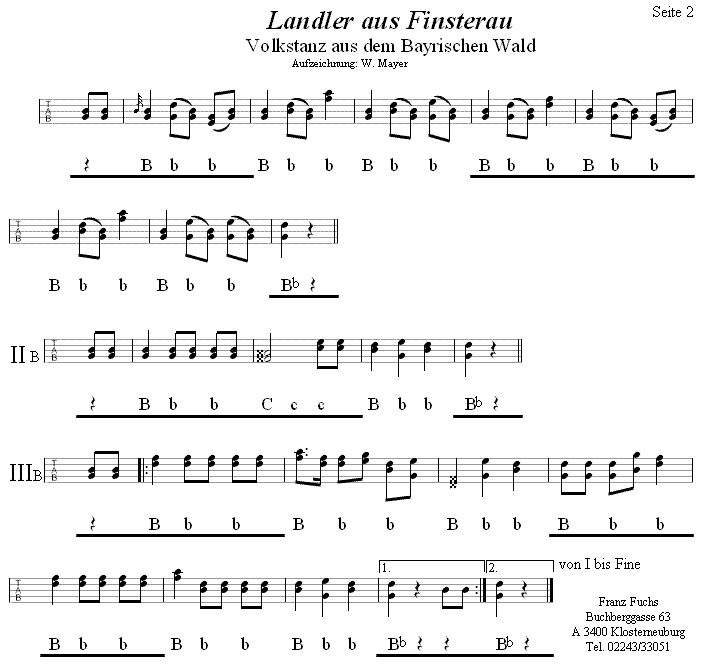 Finsterauer Landler Seite 2 in Griffschrift für Steirische Harmonika. 
Bitte klicken, um die Melodie zu hören.