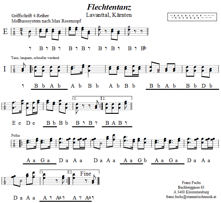 Flechtentanz in Griffschrift für Steirische Harmonika. 
Bitte klicken, um die Melodie zu hören.