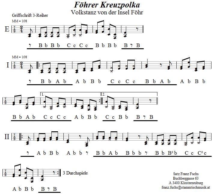 Föhrer Kreuzpolka in Griffschrift für Steirische Harmonika. 
Bitte klicken, um die Melodie zu hören.