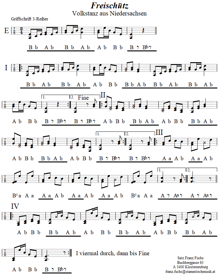 Freischütz in Griffschrift für Steirische Harmonika. 
Bitte klicken, um die Melodie zu hören.