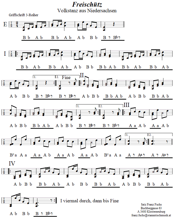 Freischtz in Griffschrift fr Steirische Harmonika. 
Bitte klicken, um die Melodie zu hren.