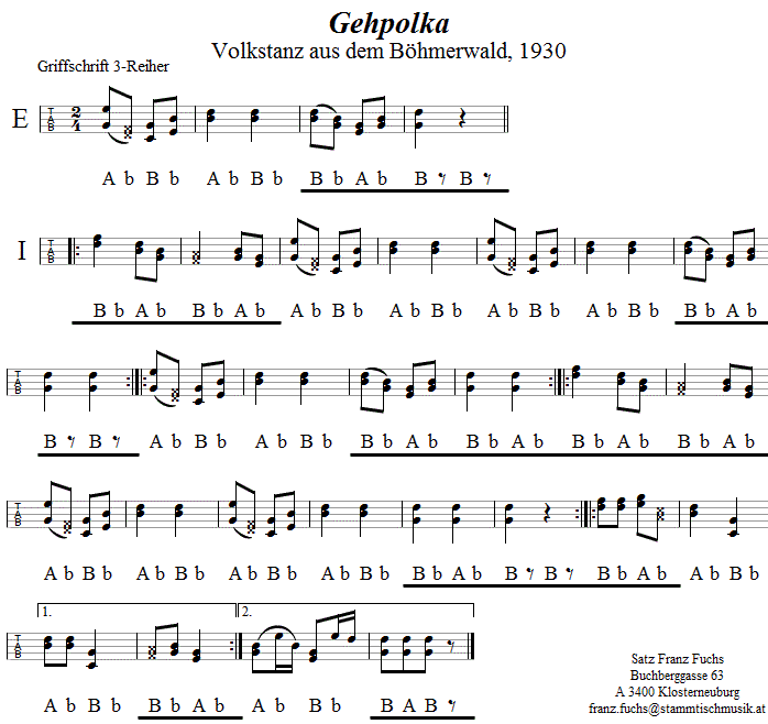 Gehpolka in Griffschrift für Steirische Harmonika. 
Bitte klicken, um die Melodie zu hören.