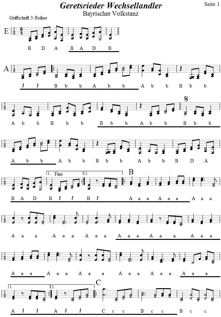 Geretsrieder Wechsellandler in Griffschrift fr Steirische Harmonika, Seite 1. 
Bitte klicken, um die Melodie zu hren.