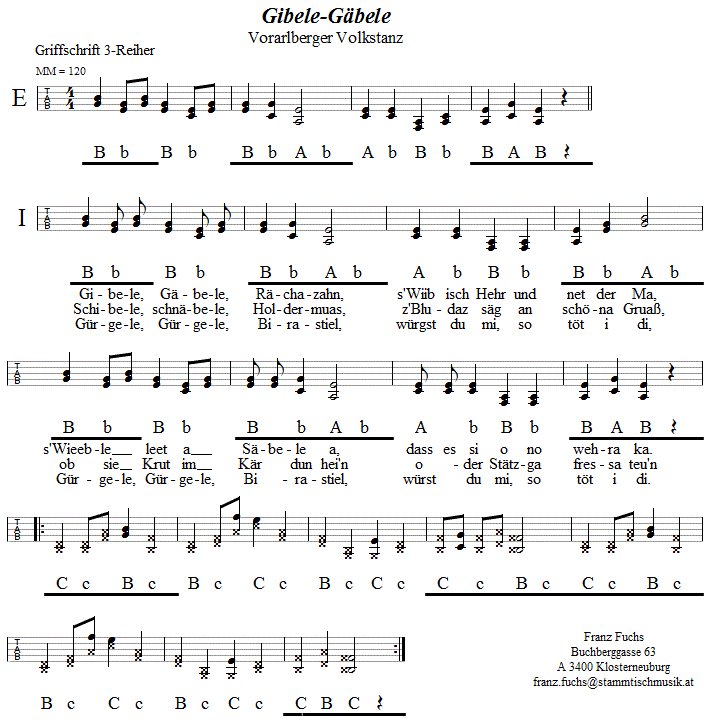 Gibele-Gäbele  in Griffschrift für Steirische Harmonika. 
Bitte klicken, um die Melodie zu hören.