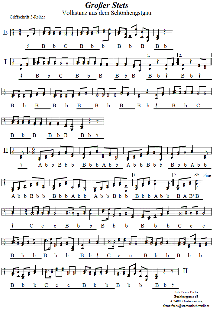 Großer Stets in Griffschrift für Steirische Harmonika. 
Bitte klicken, um die Melodie zu hören.
