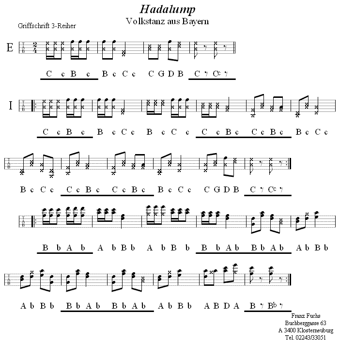 Hadalump in Griffschrift für Steirische Harmonika. 
Bitte klicken, um die Melodie zu hören.