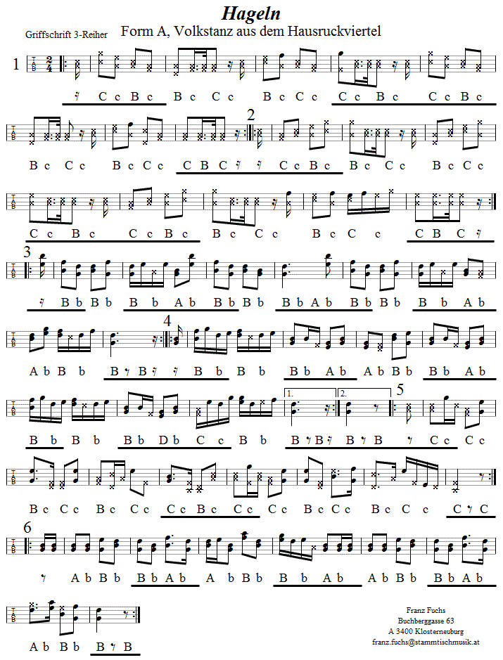 Hageln, Form A,  in Griffschrift für Steirische Harmonika. 
Bitte klicken, um die Melodie zu hören.