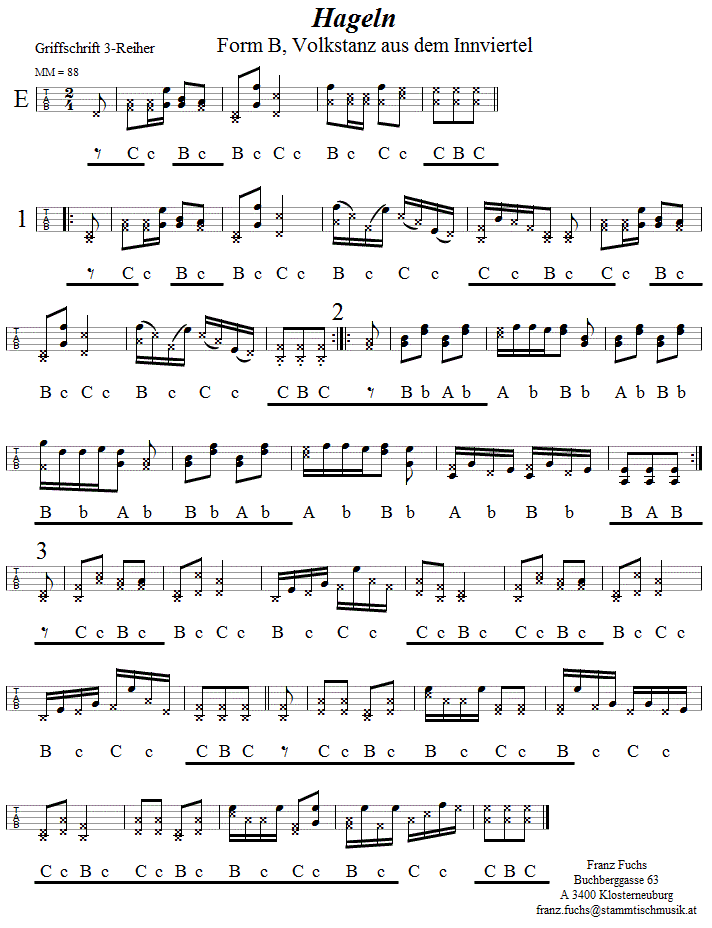 Hageln, Form B,  in Griffschrift für Steirische Harmonika. 
Bitte klicken, um die Melodie zu hören.