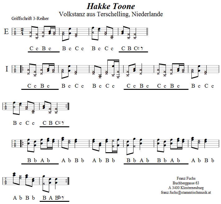 Hakke Toone in Griffschrift für Steirische Harmonika. 
Bitte klicken, um die Melodie zu hören.