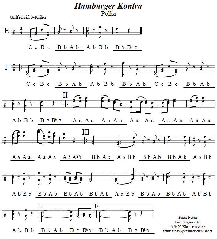 Hamburger Kontra in Griffschrift für Steirische Harmonika. 
Bitte klicken, um die Melodie zu hören.