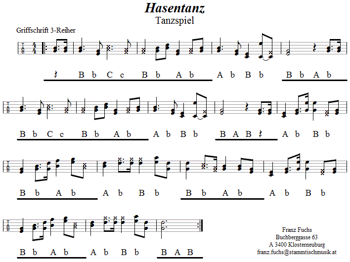 Hasentanz in Griffschrift für Steirische Harmonika. 
Bitte klicken, um die Melodie zu hören.