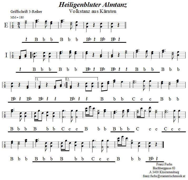 Heiligenbluter Almtanz in Griffschrift für Steirische Harmonika. 
Bitte klicken, um die Melodie zu hören.