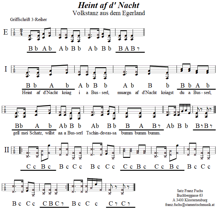 Heint af d' Nacht, Griffschrift fr Steirische Harmonika. 
Bitte klicken, um die Melodie zu hren.