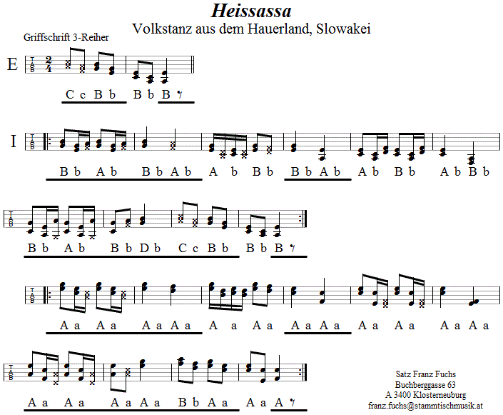 Heissassa in Griffschrift für Steirische Harmonika. 
Bitte klicken, um die Melodie zu hören.