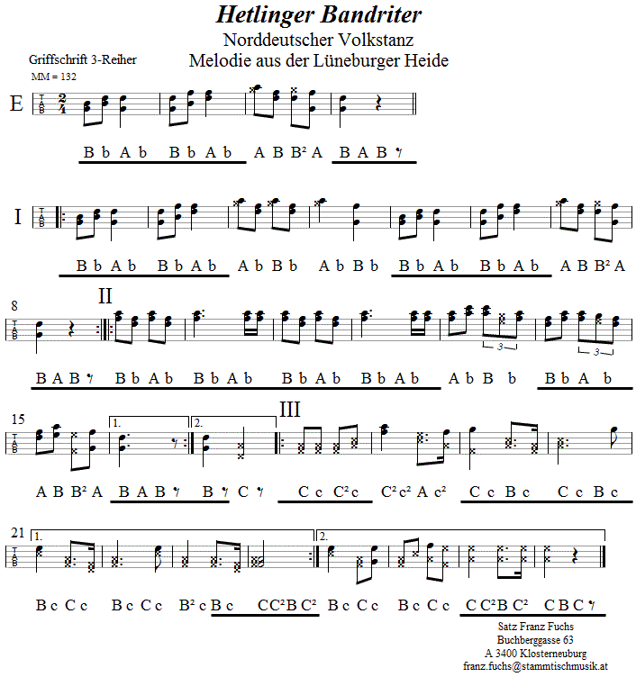 Hetlinger Bandriter in Griffschrift für Steirische Harmonika. 
Bitte klicken, um die Melodie zu hören.