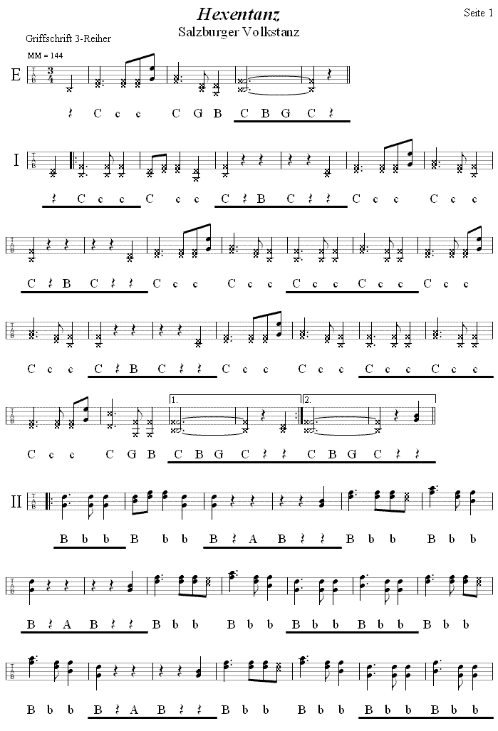 Hexentanz 1 in Griffschrift für Steirische Harmonika. 
Bitte klicken, um die Melodie zu hören.