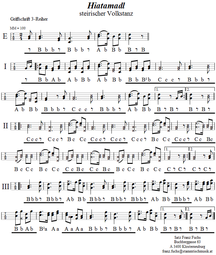 Hiatamadl in Griffschrift fr Steirische Harmonika. 
Bitte klicken, um die Melodie zu hren.