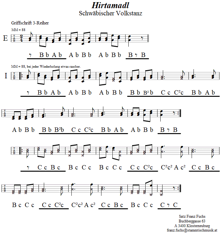 Hirtamadl in Griffschrift für Steirische Harmonika. 
Bitte klicken, um die Melodie zu hören.
