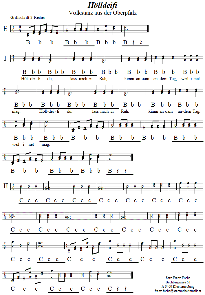 Hölldeifi in Griffschrift für Steirische Harmonika.
Bitte klicken, um die Melodie zu hören.