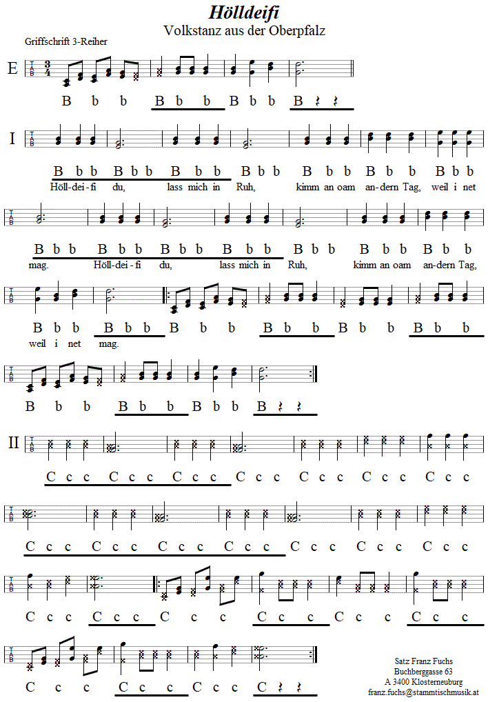 Hlldeifi in Griffschrift fr Steirische Harmonika.
Bitte klicken, um die Melodie zu hren.