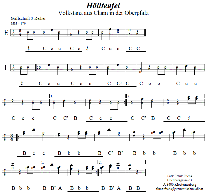 Höllteufel in Griffschrift für Steirische Harmonika.
Bitte klicken, um die Melodie zu hören.
