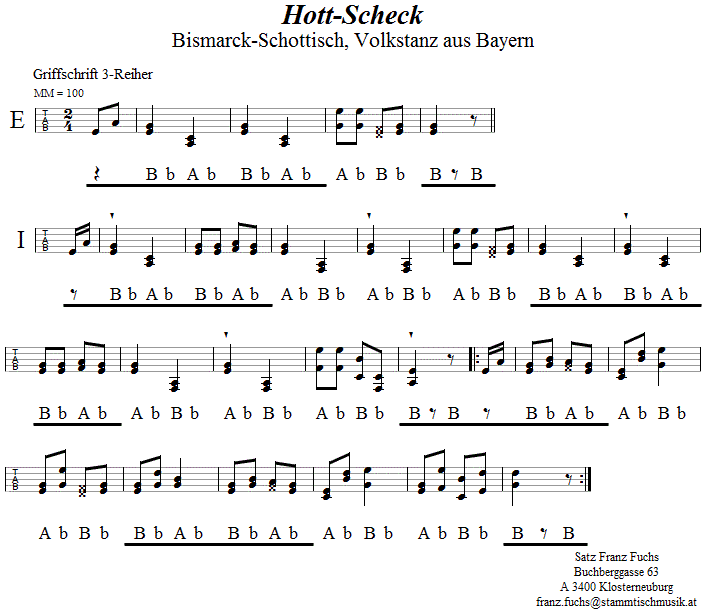 Hott Scheck (Bismarck-Schottisch) in Griffschrift für Steirische Harmonika. 
Bitte klicken, um die Melodie zu hören.