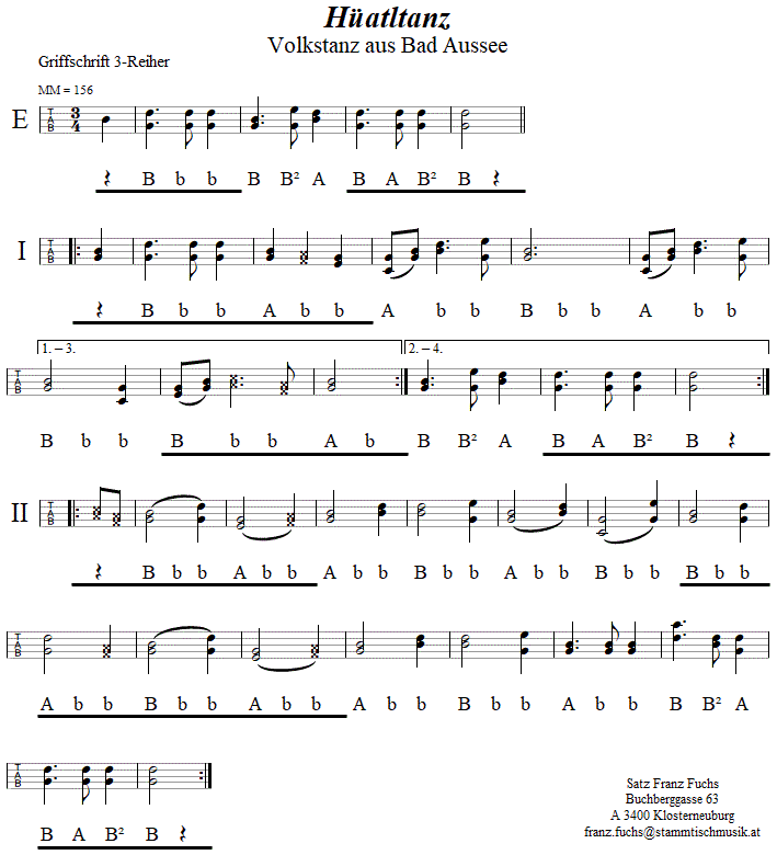 Hüatltanz in Griffschrift für Steirische Harmonika. 
Bitte klicken, um die Melodie zu hören.