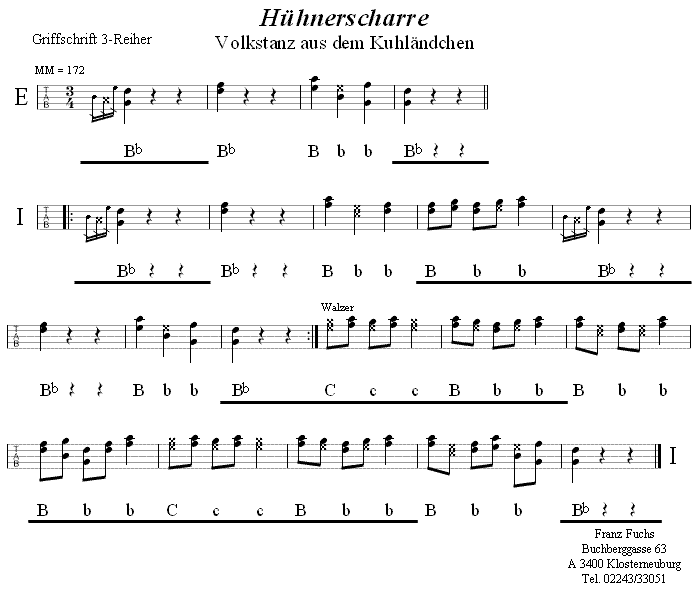 Hühnerscharre in Griffschrift für Steirische Harmonika. 
Bitte klicken, um die Melodie zu hören.