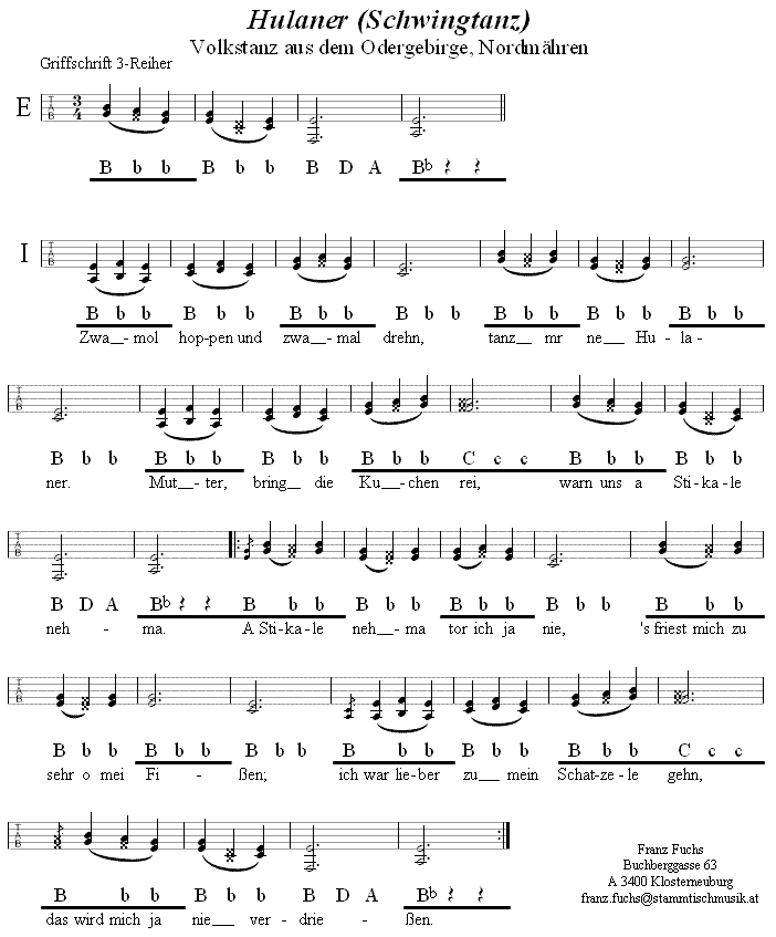 Hulaner (Schwingtanz) in Griffschrift für Steirische Harmonika. 
Bitte klicken, um die Melodie zu hören.