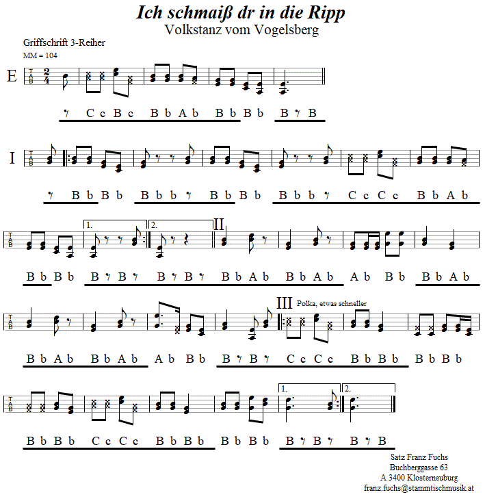 Ich schmai dr in die Ripp, in Griffschrift fr Steirische Harmonika. 
Bitte klicken, um die Melodie zu hren.