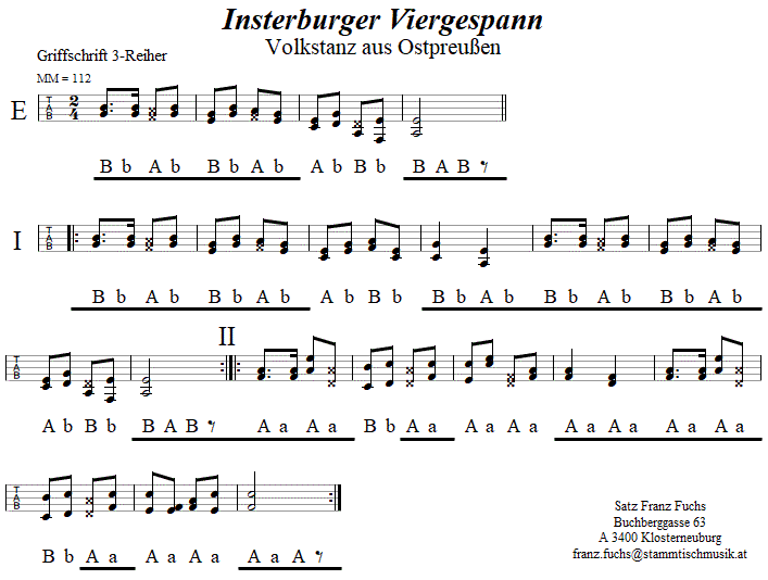 Insterburger Viergespann in Griffschrift für Steirische Harmonika.
Bitte klicken, um die Melodie zu hören.