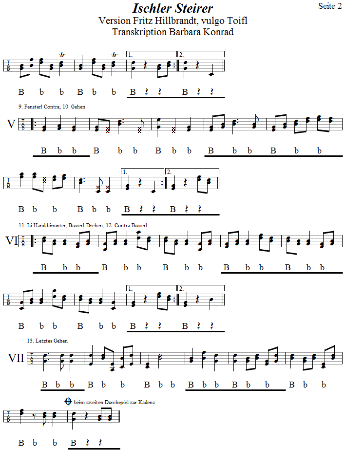 Ischler Steirer, Seite 2,  in Griffschrift fr Steirische Harmonika. 
Bitte klicken, um die Melodie zu hren.