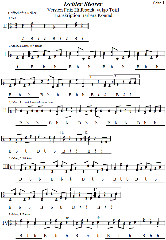 Ischler Steirer, Seite 1,  in Griffschrift fr Steirische Harmonika. 
Bitte klicken, um die Melodie zu hren.