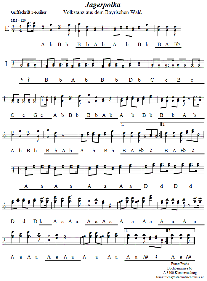 Jagerpolka in Griffschrift für Steirische Harmonika. 
Bitte klicken, um die Melodie zu hören.