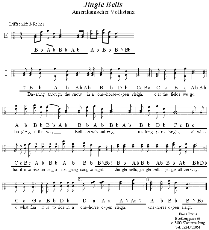 Jingle Bells in Griffschrift für Steirische Harmonika. 
Bitte klicken, um die Melodie zu hören.