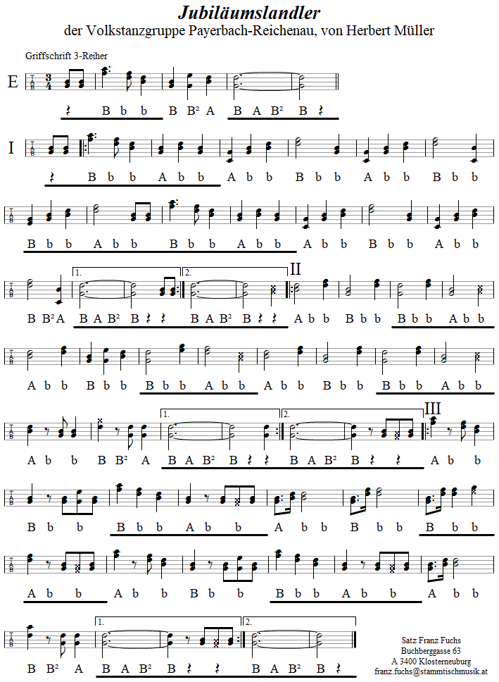 Jubiläumslandler in Griffschrift für Steirische Harmonika. 
Bitte klicken, um die Melodie zu hören.